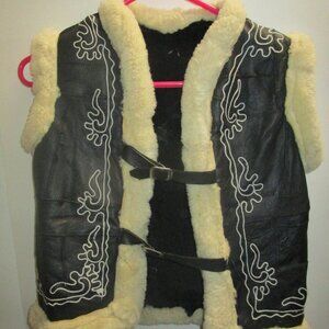 Brown Real Leather fur Jacket Vest Size S/M armpit - armpit 16" embroidery